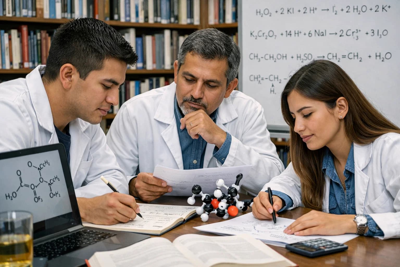 Mentor guiando investigación académica con estudiantes